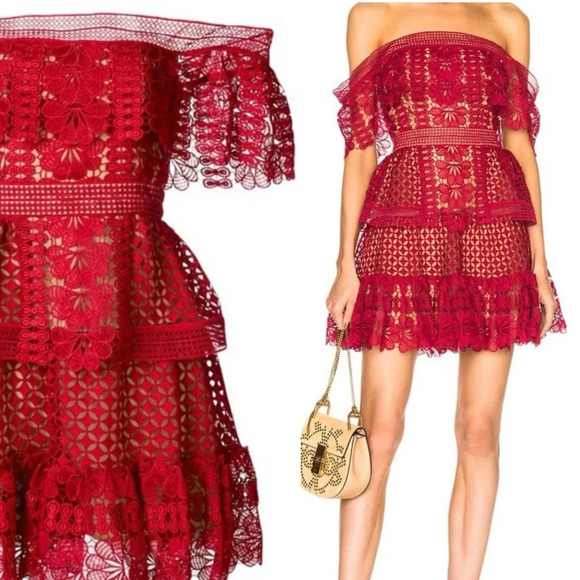 Self-Portrait Dresses & Skirts - Self-Portrait Red Off Shoulders Floral Embroidered Guipure Lace
Mini Dress 4 S
